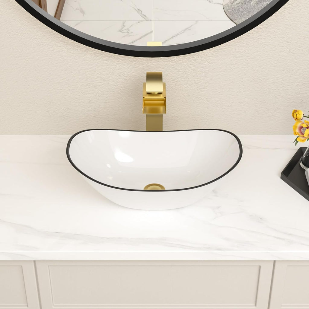 Bowl Sinks For Bathrooms 17in x11in  Oval White Vessel Sink With Black Rim Modern Boat Shape Artistic Basin Bathroom Vessel Sink Above Counter Porcelain Ceramic Vessel Sink Small Deep Vessel Sink