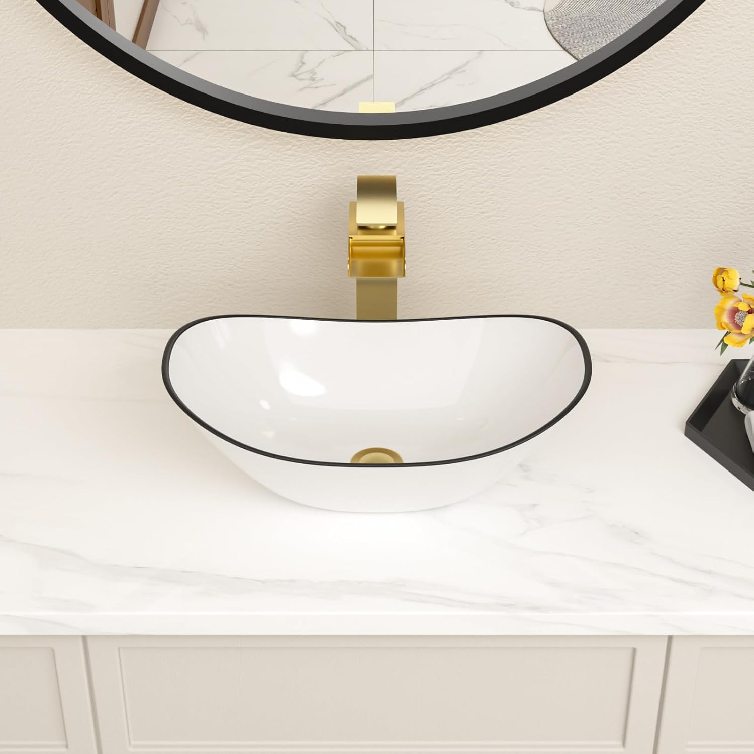 Bowl Sinks For Bathrooms 17in x11in  Oval White Vessel Sink With Black Rim Modern Boat Shape Artistic Basin Bathroom Vessel Sink Above Counter Porcelain Ceramic Vessel Sink Small Deep Vessel Sink