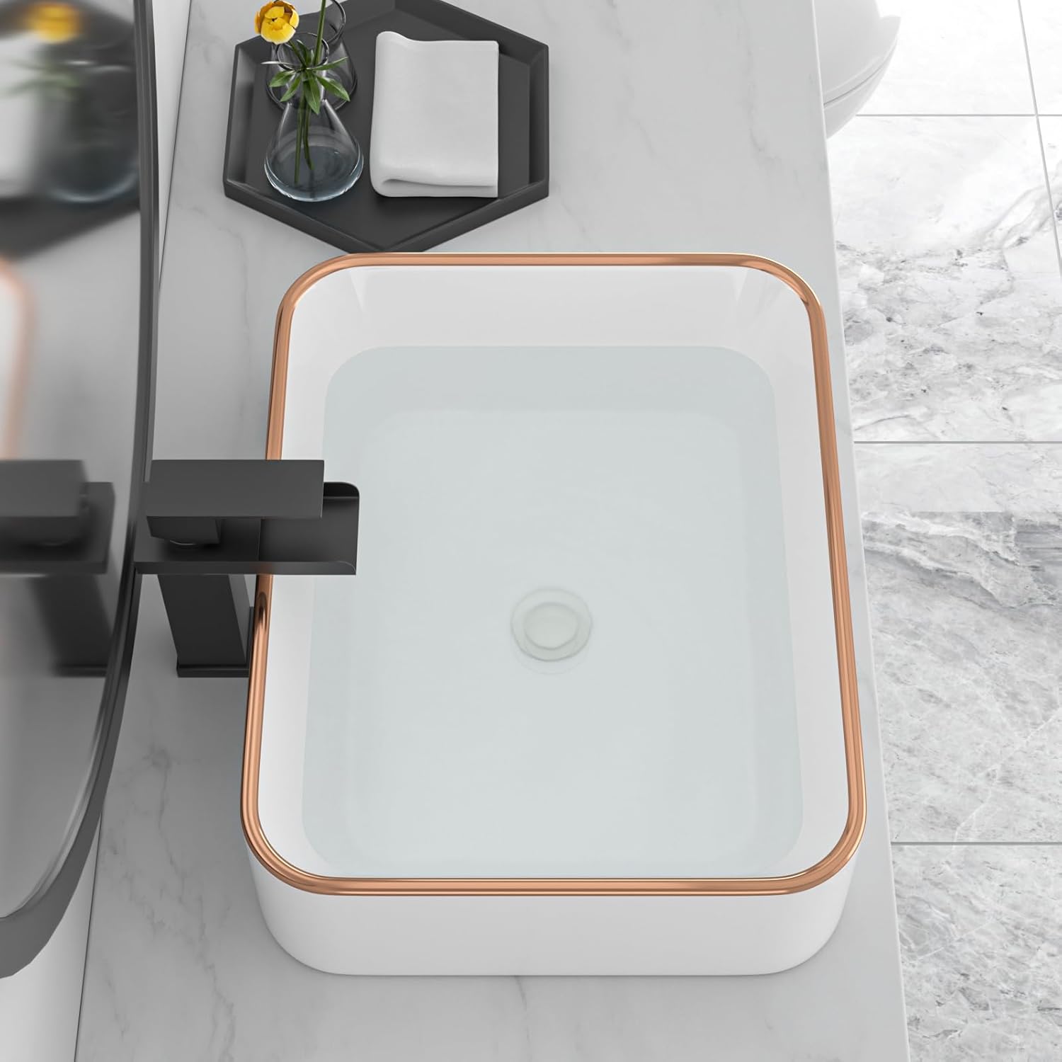 19in x15in  Bathroom Vessel Sink Rectangular Bowl Sinks for Bathrooms Above Counter Vessel Sink Rectangule White Golden Edge Ceramic Porcelain Lavatory Vanity Sink Basin