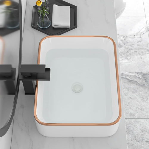 19in x15in  Bathroom Vessel Sink Rectangular Bowl Sinks for Bathrooms Above Counter Vessel Sink Rectangule White Golden Edge Ceramic Porcelain Lavatory Vanity Sink Basin