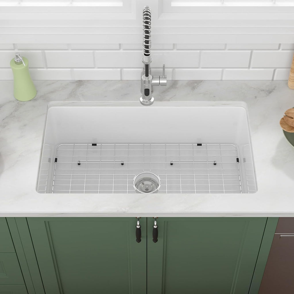 32in  White Undermount Kitchen Sink Lofeyo Farmhouse Fireclay Porcelain Single Bowl Sinks,Dual Mount Round Corner,32in x19in x10in ,LOF-LWFS3219