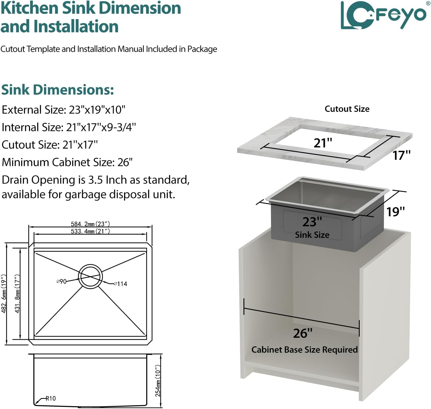 23in x19in  Kitchen Sink Undermount Small Wet Bar Sink Workstation 16 Gauge 304 Stainless Steel Handmade Contemporary Ledge Single Bowl Deep Sink