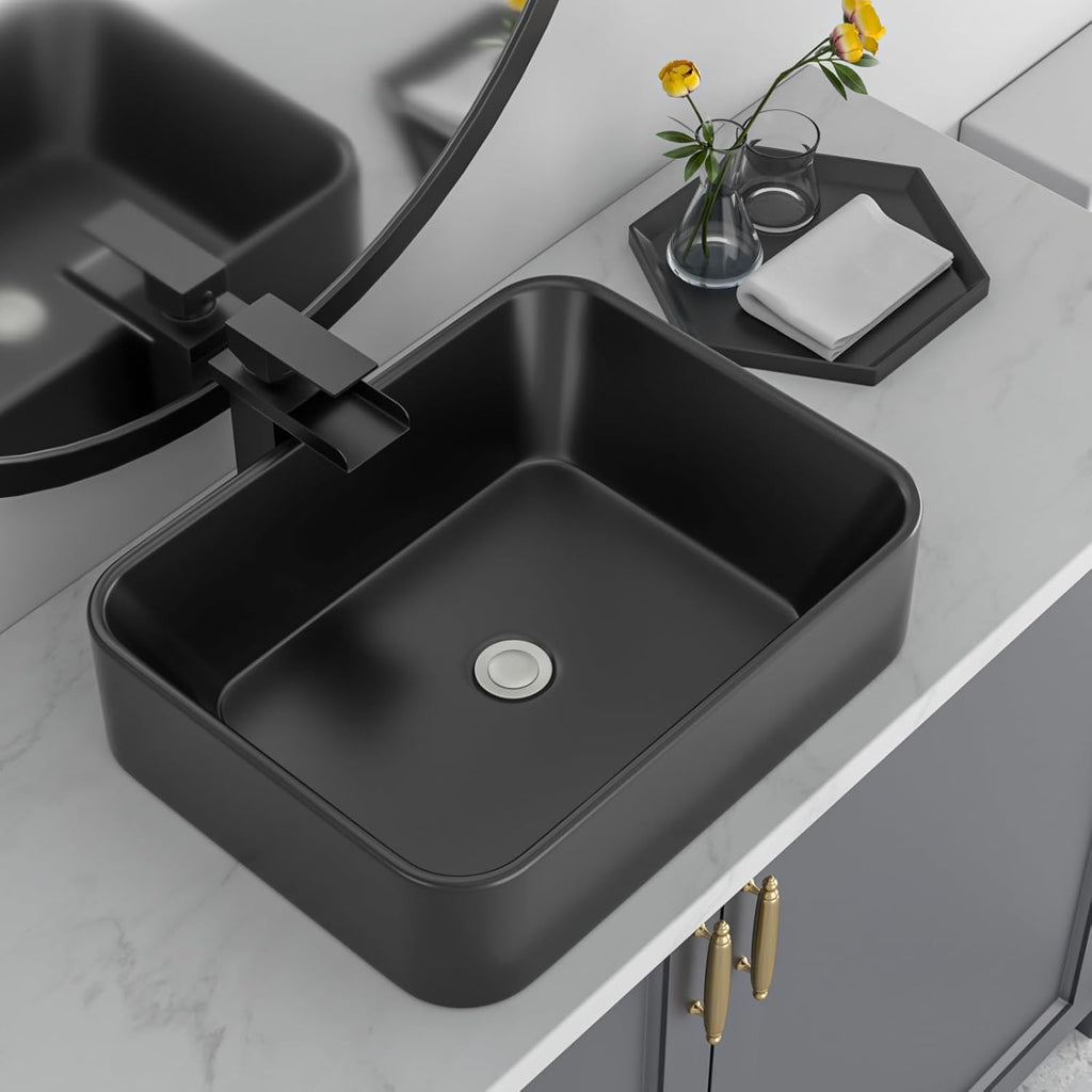 Black Bathroom Sink 19in x15in  Vessel Sink Rectangule Bowl Sinks for Bathrooms Ceramic Above Counter Rectangular Vessel Bathroom Sink Porcelain Modern Large Sink Basin Lavatory Vanity Matte Black
