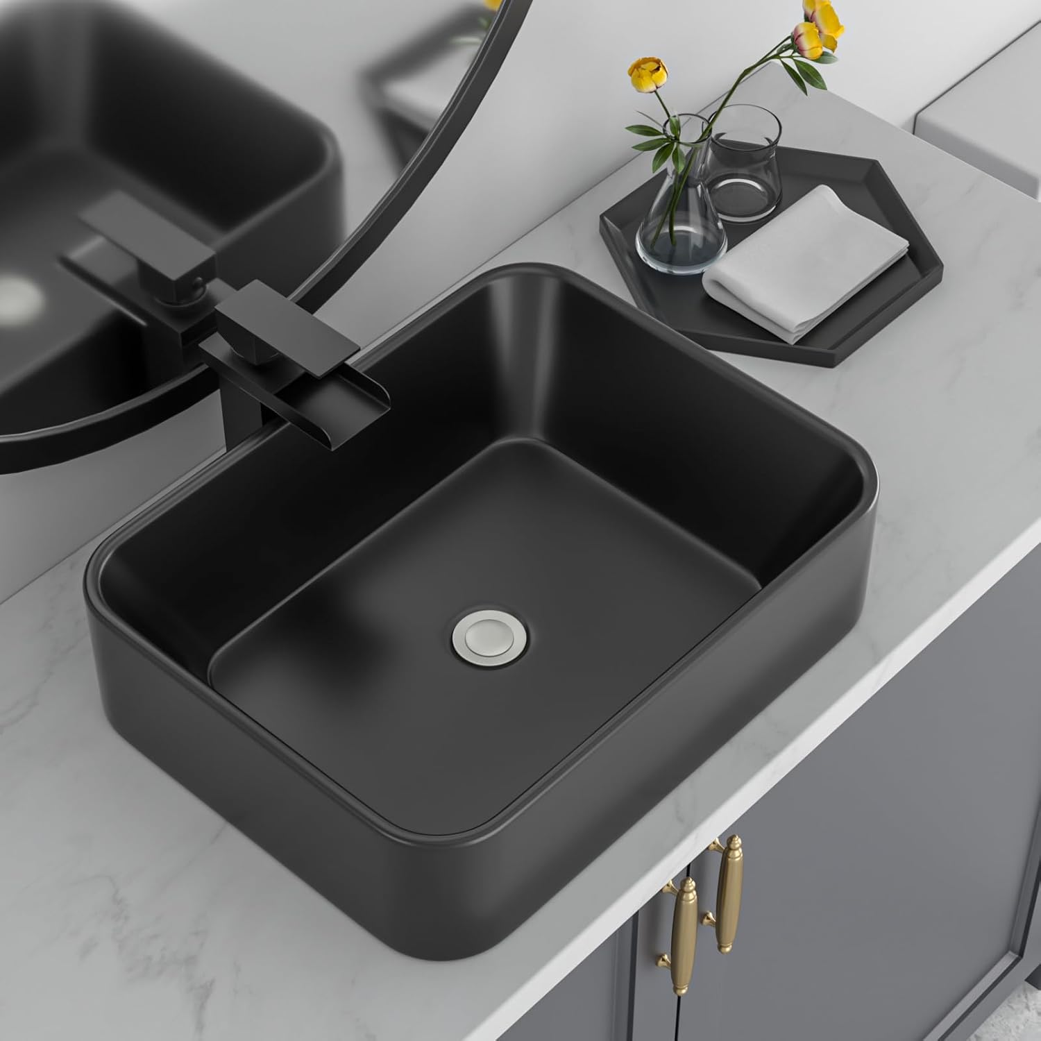 Black Bathroom Sink 19in x15in  Vessel Sink Rectangule Bowl Sinks for Bathrooms Ceramic Above Counter Rectangular Vessel Bathroom Sink Porcelain Modern Large Sink Basin Lavatory Vanity Matte Black