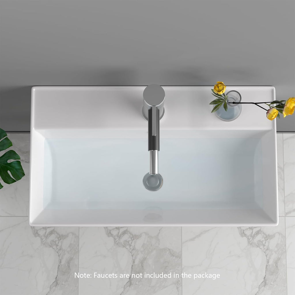 Vessel Sink, Lofeyo 21in x12in  Bathroom Wall Mount Floating Sink Rectangular White Porcelain Ceramic Vessel Vanity Sink Art Basin Middle Faucet Hole