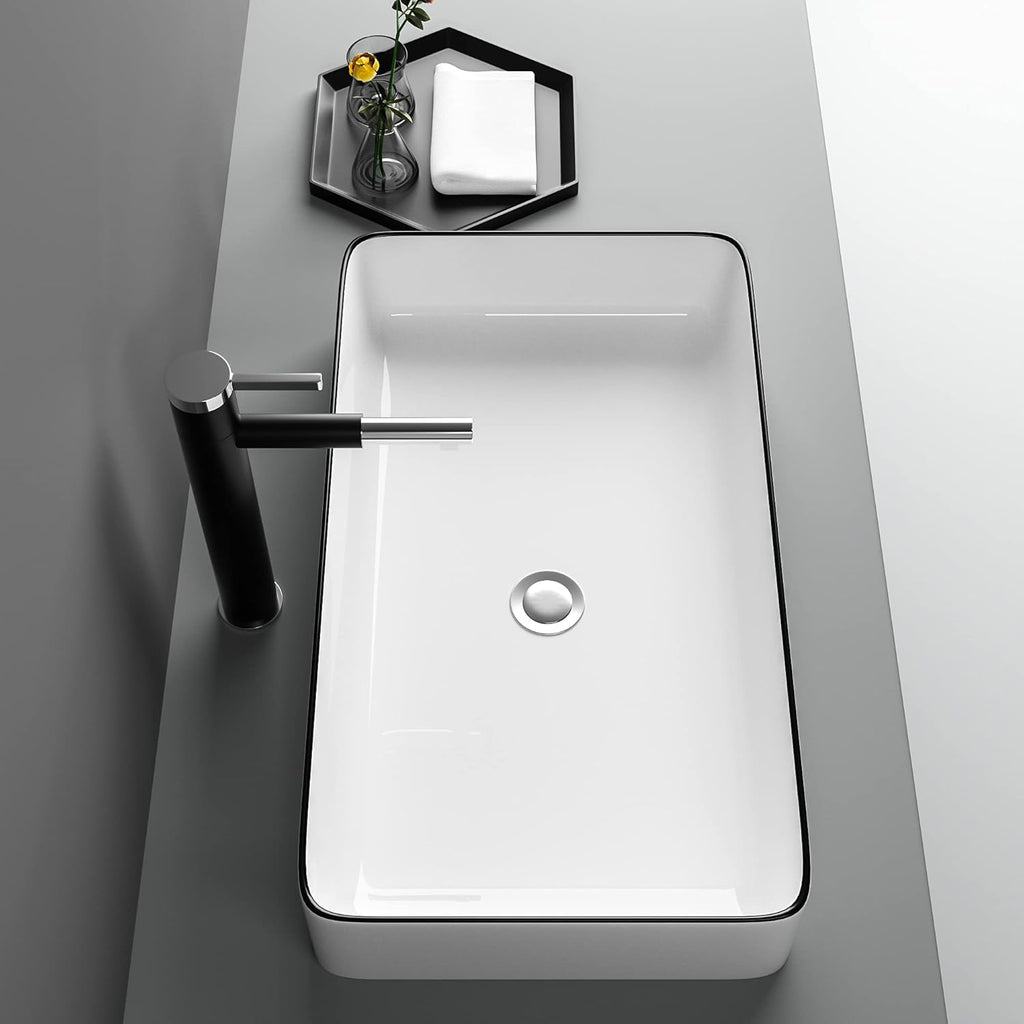 24in x14in  Vessel Sink Rectangular Bathroom Vessel Sink Rectangular White Black Ceramic Above Counter Porcelain Lavatory Vanity Sink Basin