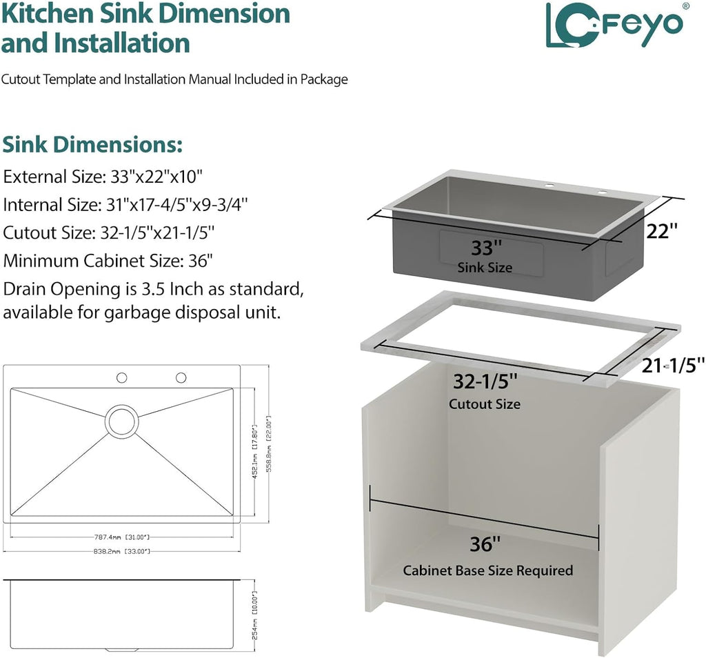 33 Stainless Steel Kitchen Sink - Lofeyo 33 x 22 Drop Sink Stainless Steel 16 Gauge Round Corner Single Bowl Drop In Topmount Kitchen Sink Basin