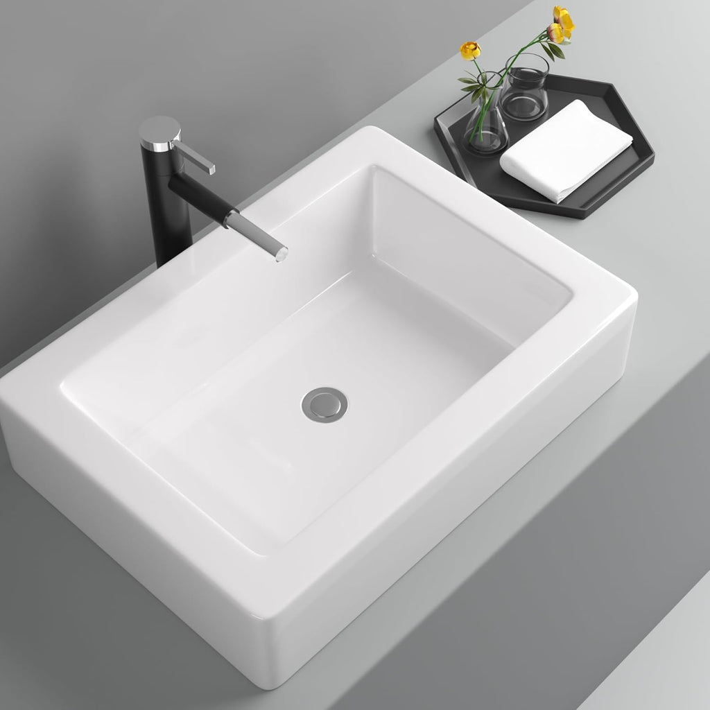 22in x15in  White Vessel Sink Rectangle Bathroom Sink Above Counter Porcelain Ceramic Small Sink Bowl Ceramic Rectangular Vessel Sinks for Bathrooms