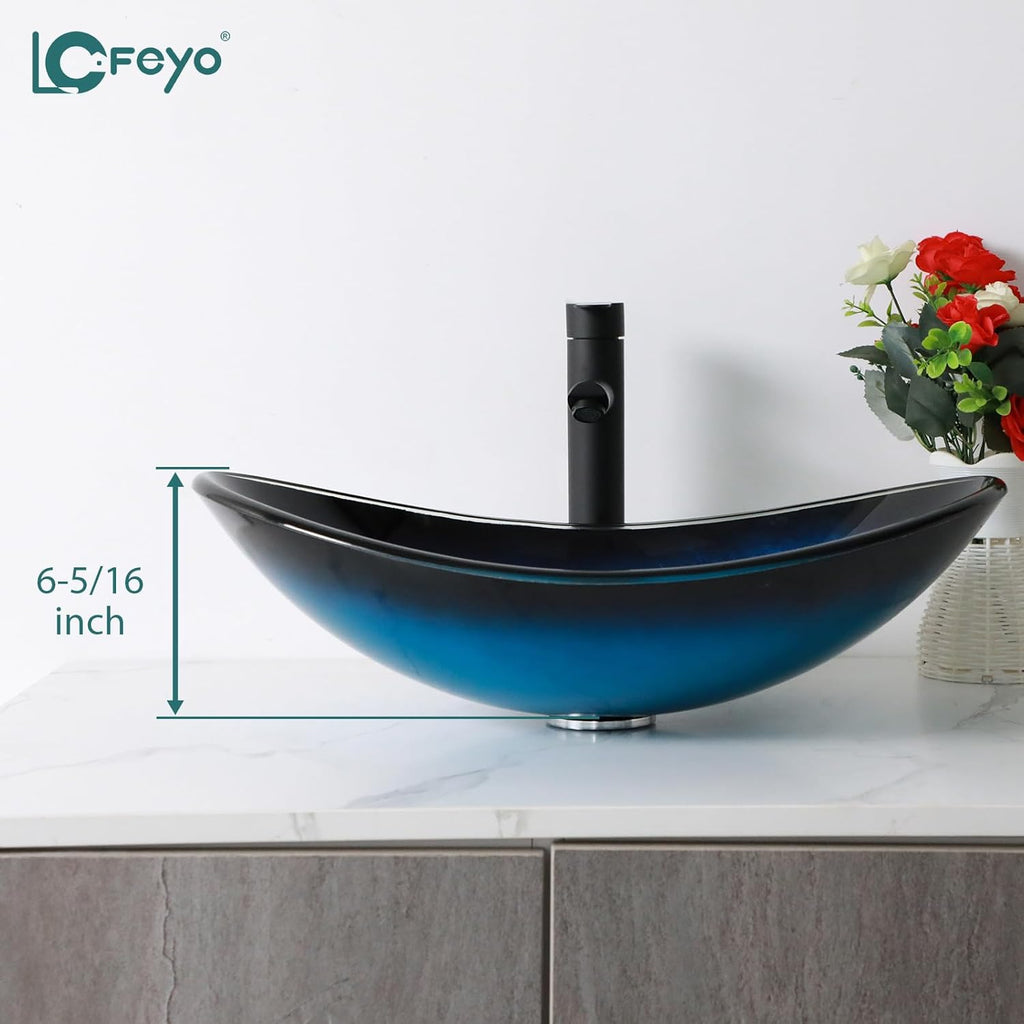 Bowl Sinks For Bathrooms 21in  Blue Glass Vessel Sink With Faucet And Drain Combo Modern Boat Shape Artistic Basin Bathroom Vessel Sink Above Counter Small 6in  Deep Oval Vessel Sink Lof-BL33553