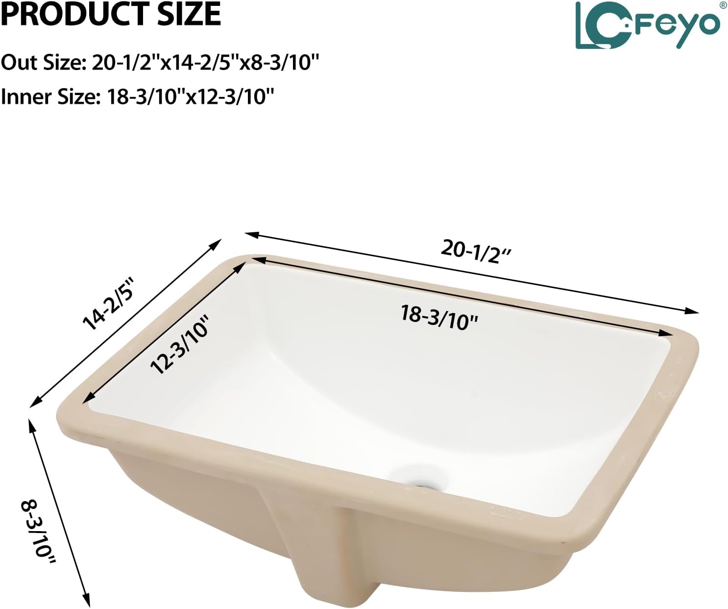 Undermount Bathroom Sink 20''x14'' White Rectangle Bathroom Sink Porcelain Ceramic Sink Vanity Basin Lavatory Sink Vessel Sink