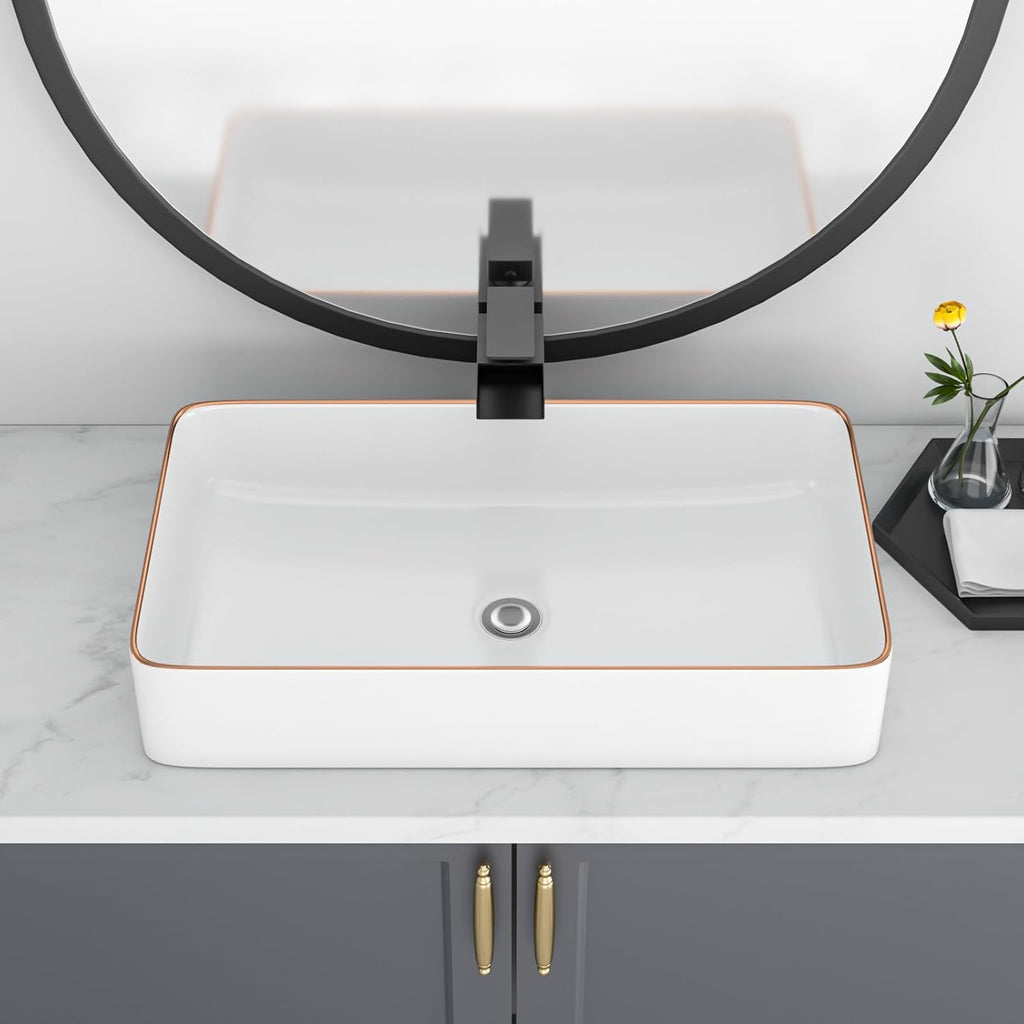 Bathroom Vessel Sink 24in x14in  Rectangular White Vessel Sink with Gold Rim Ceramic Porcelain Bowl Sinks for Bathrooms Above Counter Vessel Sink Rectangule Lavatory Vanity Sink Basin