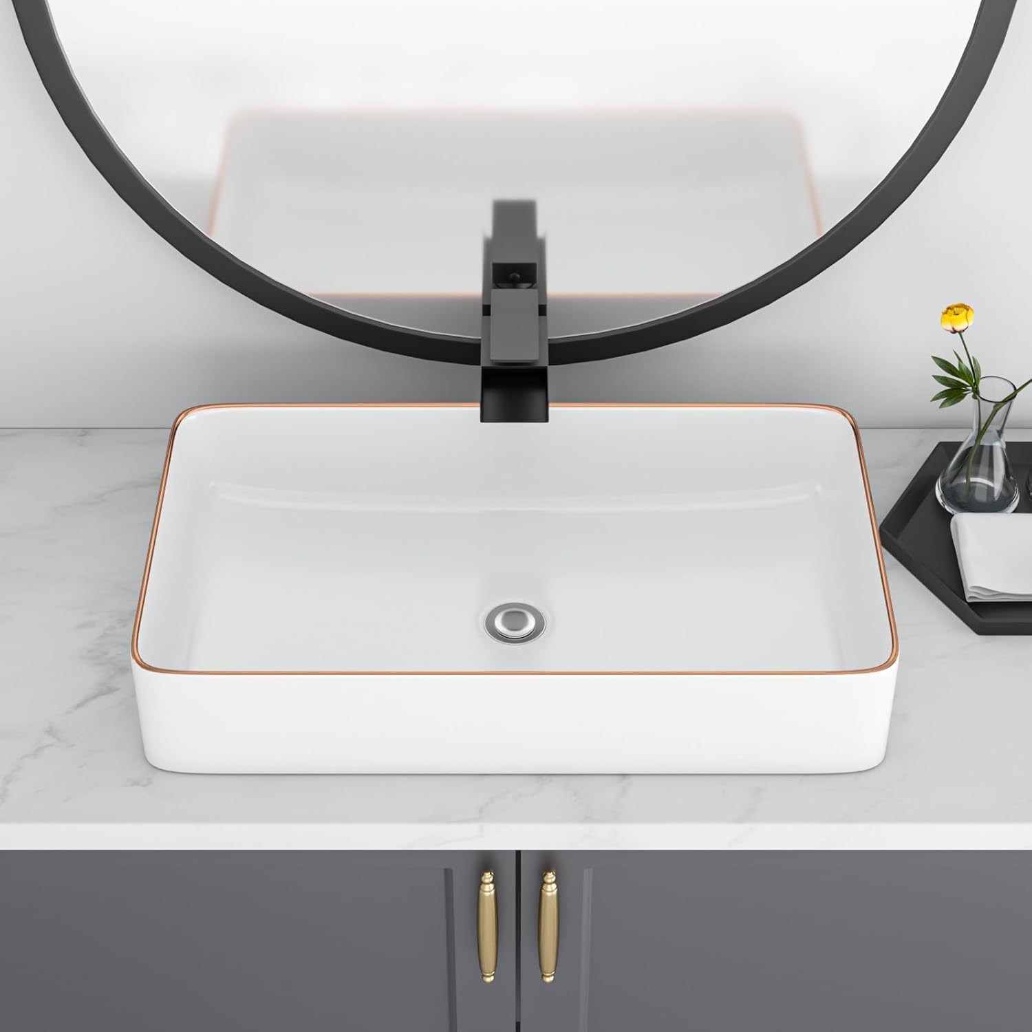Bathroom Vessel Sink 24in x14in  Rectangular White Vessel Sink with Gold Rim Ceramic Porcelain Bowl Sinks for Bathrooms Above Counter Vessel Sink Rectangule Lavatory Vanity Sink Basin