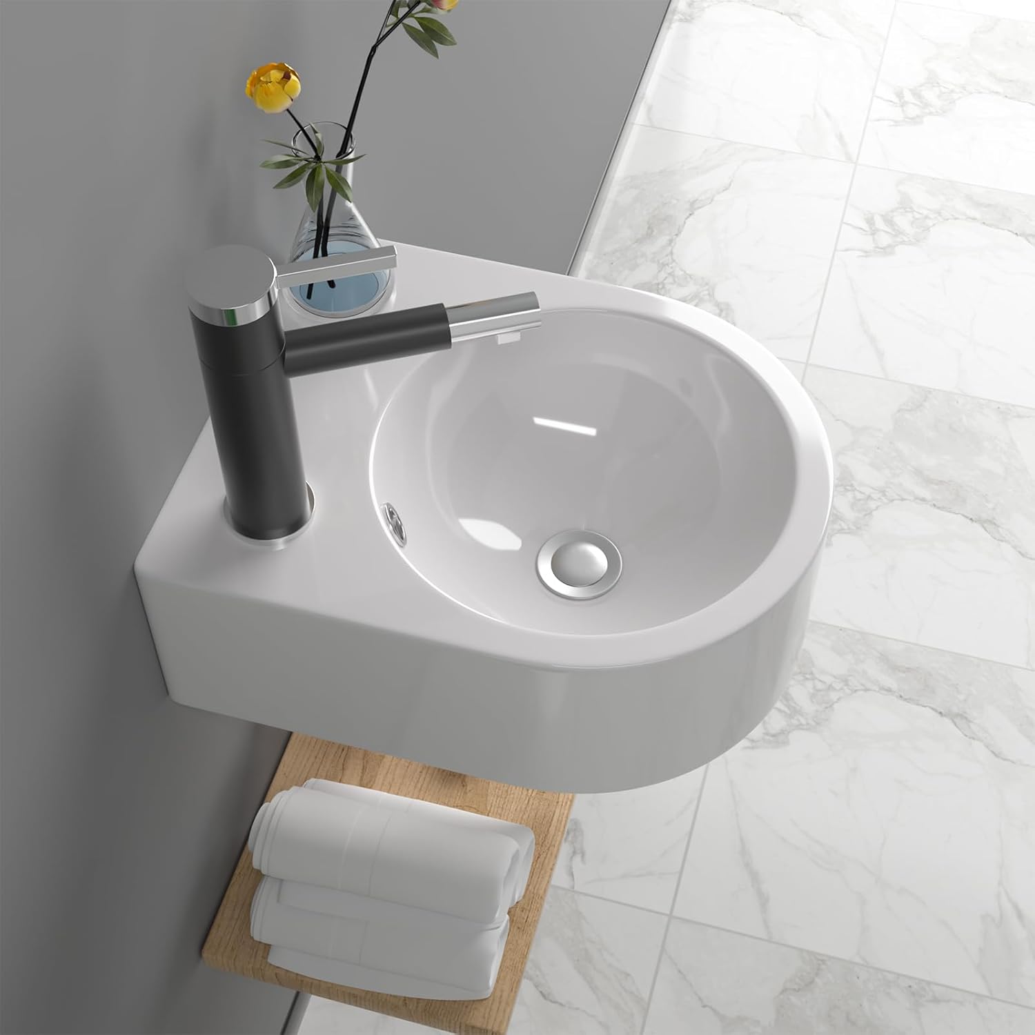 13in X10in  Wall Mount Sink Round Shape Deep Modern Floating Sink Small Corner Sink Tiny Bathroom Sink Round Bowl Sink For Bathrooms Wall Hung Sink Bowl Basin Sink Wall Mount Bathroom Sink
