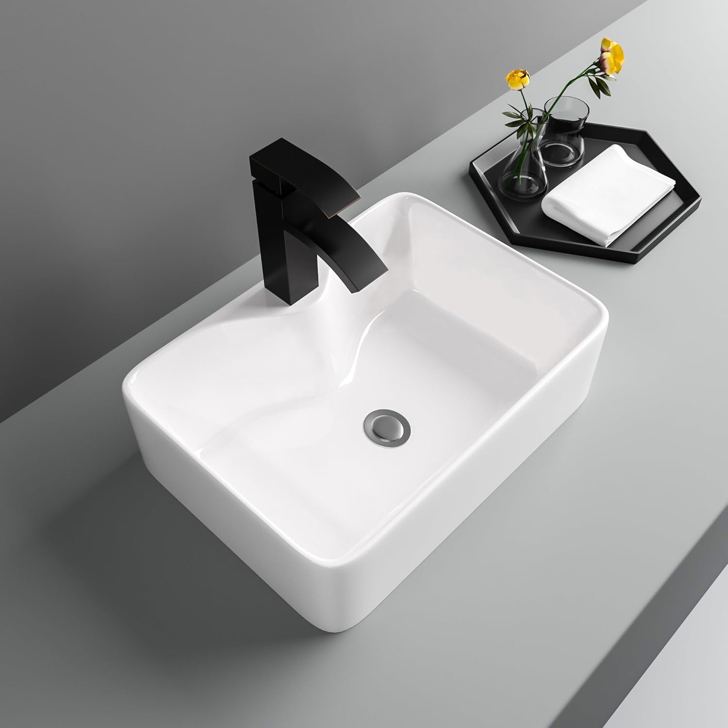 19in x15in  Vessel Sink Rectangule Bowl Sinks for Bathrooms White Vessel Sink with Faucet Hole Above Counter Rectangular Ceramic Porcelain Lavatory Vanity Sink Basin Large Vessel Bathroom Sink