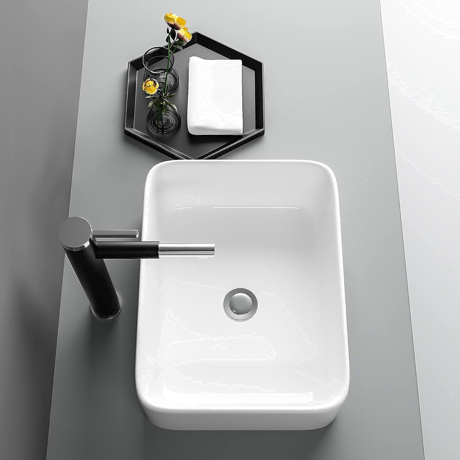 16in  x 12in  Vessel Sink Rectangle Bathroom Vessel Sink Countertop Rectangular White Ceramic Porcelain Farmhouse Lavatory Vanity Bath Sink Basin