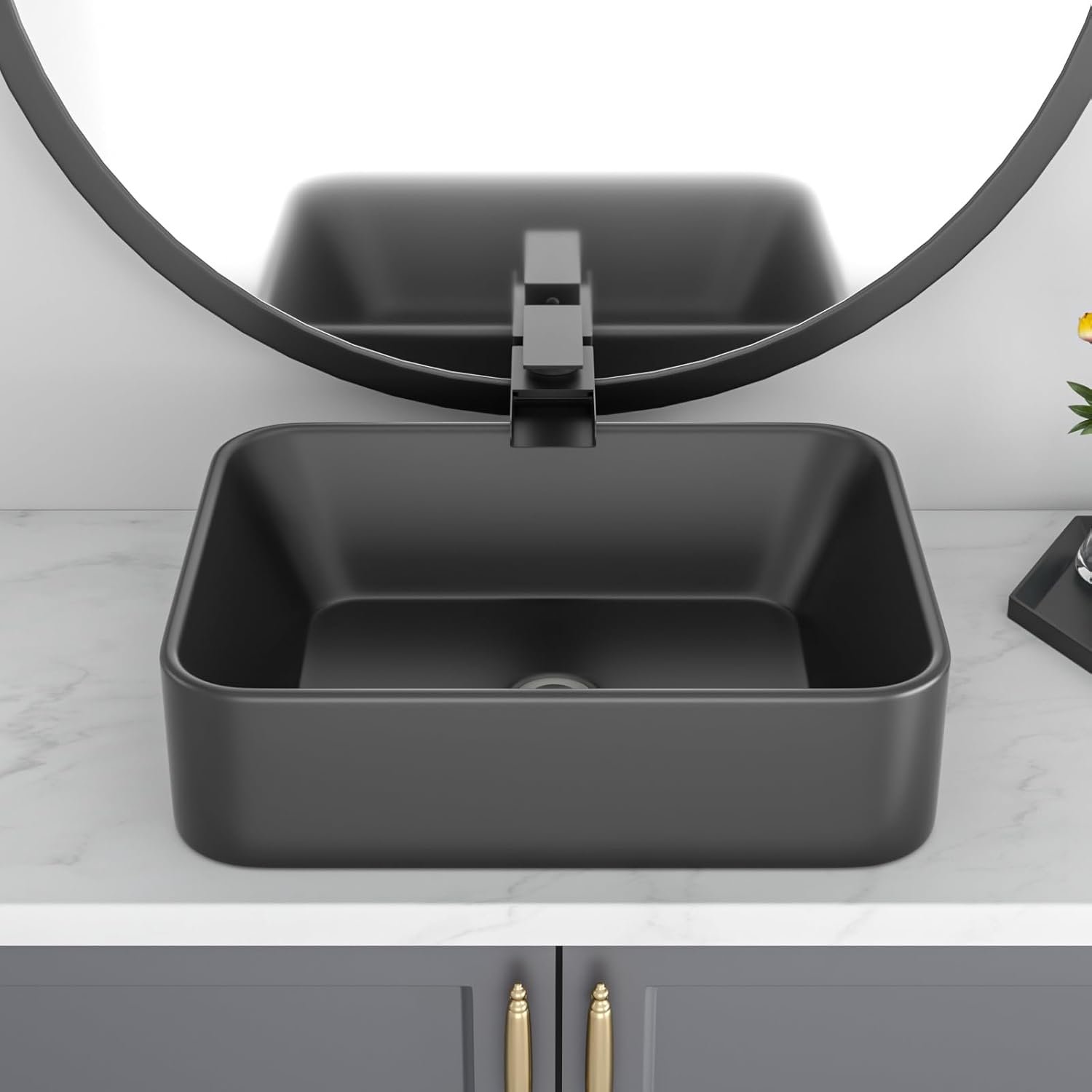 Black Bathroom Sink 19in x15in  Vessel Sink Rectangule Bowl Sinks for Bathrooms Ceramic Above Counter Rectangular Vessel Bathroom Sink Porcelain Modern Large Sink Basin Lavatory Vanity Matte Black