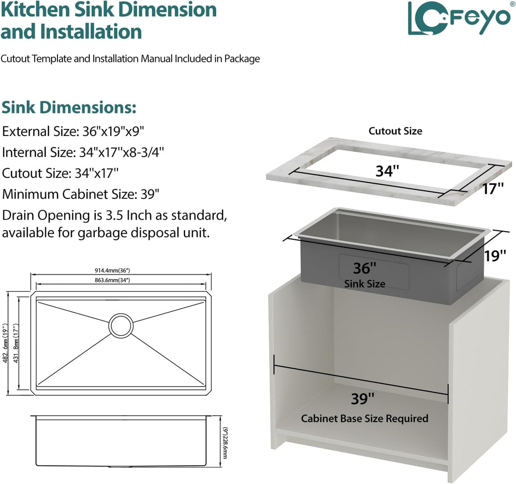 36in x19in  Undermount Kitchen Sink Workstation 304 Stainless Steel 16 Guage Handmade Under Counter Single Bowl Modern Deep Kitchen Sink Basin,LOF-B9993