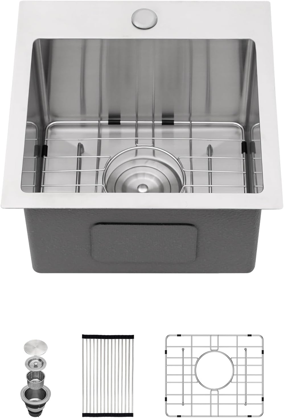 15in x 15in  Drop In Bar Sink 16 Gauge Stainless Steel Handmade Contemporary Single Bowl Square Kitchen Sink Bar Prep RV Kitchen Sink Basin