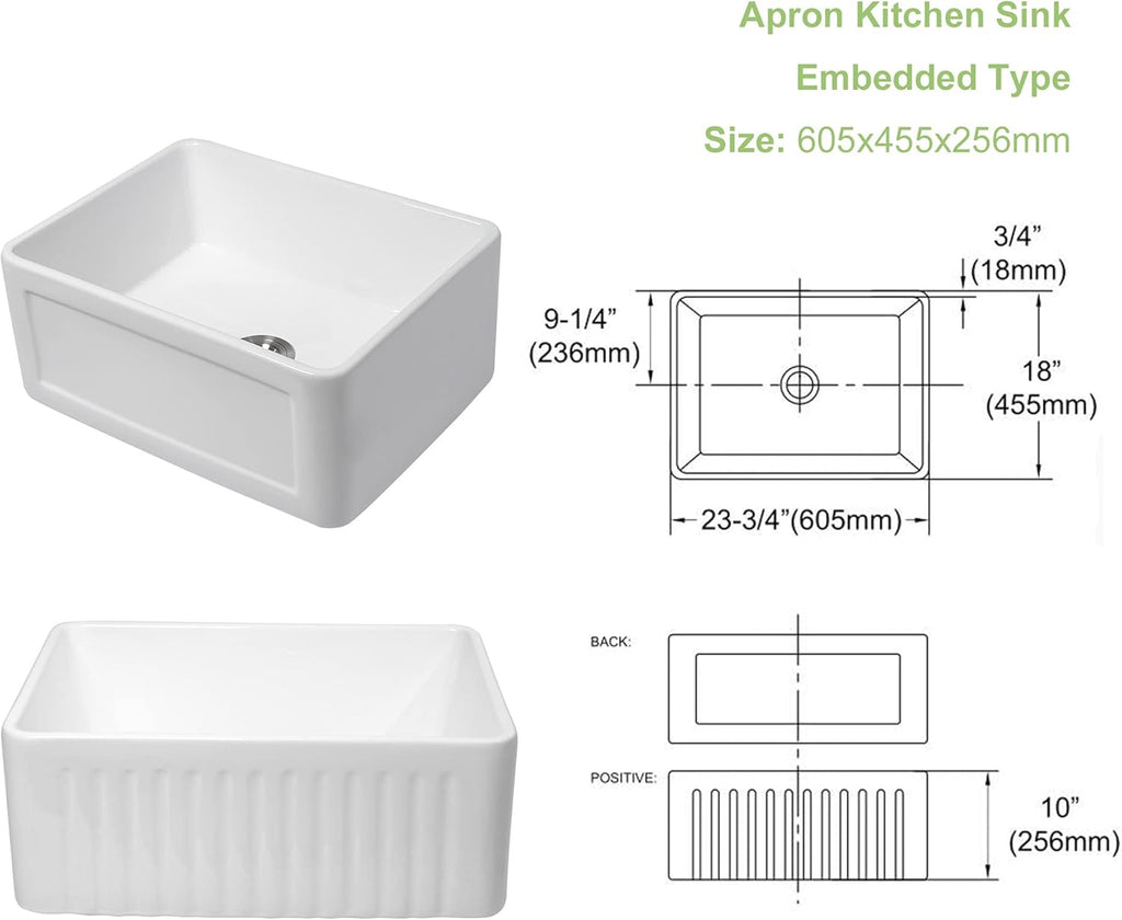 24 White Farmhouse Sink, Lofeyo 24 Inch Utility Laundry Sink Apron Front Reversible Single Bowl Fireclay Ceramic Porcelain Sink for Kitchen Laundry Room