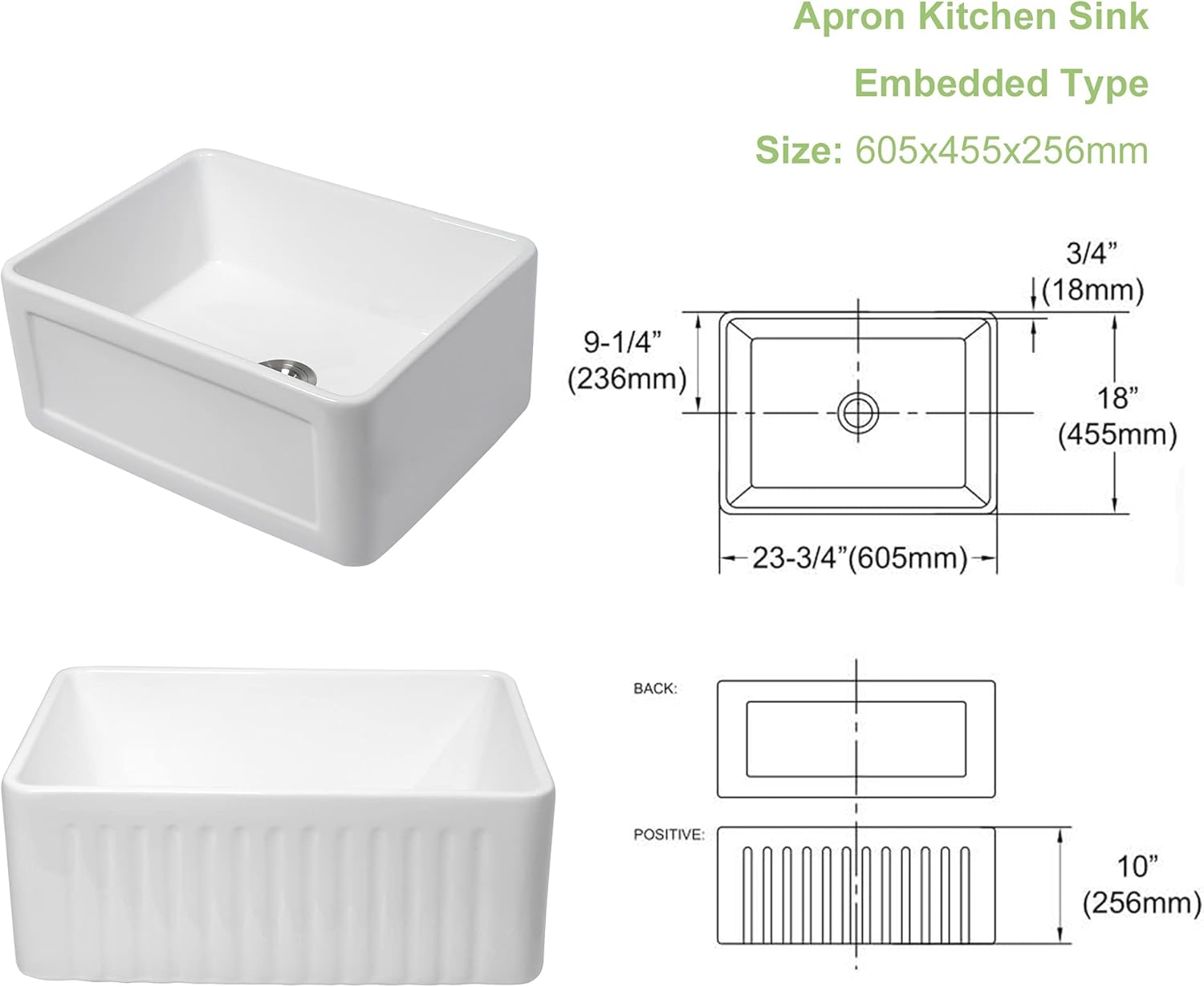 24 White Farmhouse Sink, Lofeyo 24 Inch Utility Laundry Sink Apron Front Reversible Single Bowl Fireclay Ceramic Porcelain Sink for Kitchen Laundry Room