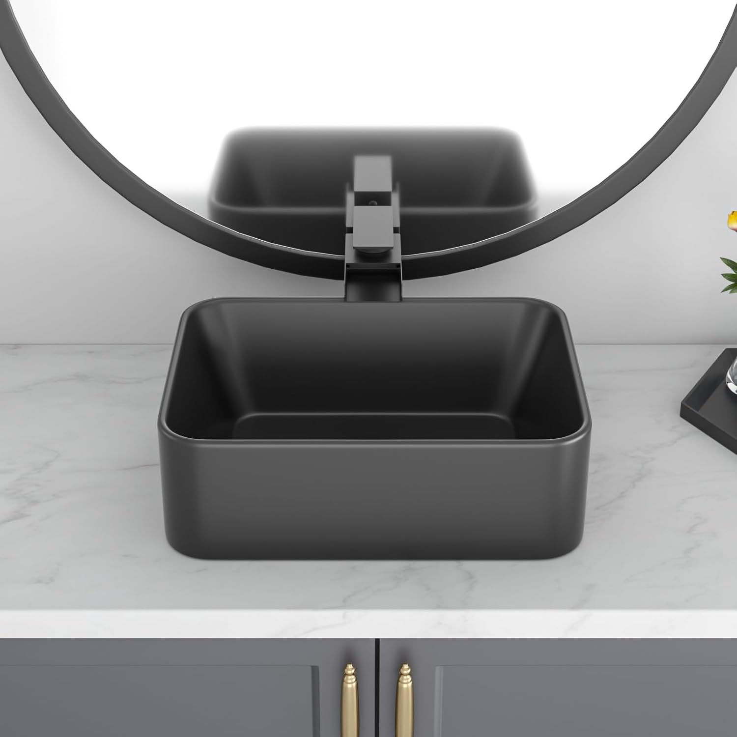 Black Bathroom Sink 16in x12in  Vessel Sink Rectangule Bowl Sinks for Bathrooms Ceramic Above Counter Rectangular Vessel Bathroom Sink Porcelain Modern Large Sink Basin Lavatory Vanity Matte Black
