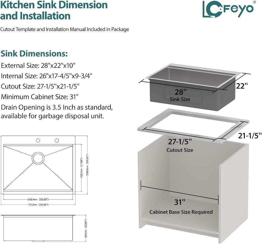 28in x22in  Drop In Workstation Kitchen Sink 16 Gauge Stainless Steel Top mount Single Bowl Ledge Handmade Contemporary Deep Sink Bowl Basin