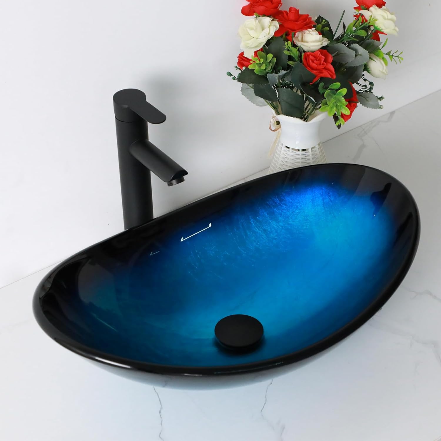 Bowl Sinks For Bathrooms 21in  Blue Glass Vessel Sink With Faucet And Drain Combo Modern Boat Shape Artistic Basin Bathroom Vessel Sink Above Counter Small 6in  Deep Oval Vessel Sink Lof-BL33553