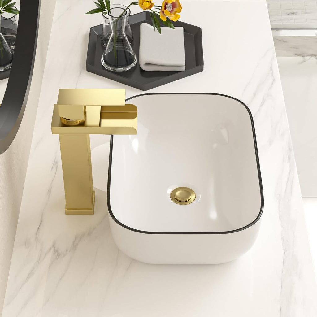 Bowl Sink for Bathroom 15in  x 10in  Rectangle Boat Shape White Vessel Sink with Black Rim Above Counter Porcelain Ceramic Round Oval Modern Artistic Basin Bowl Sink LOF-15105-HB