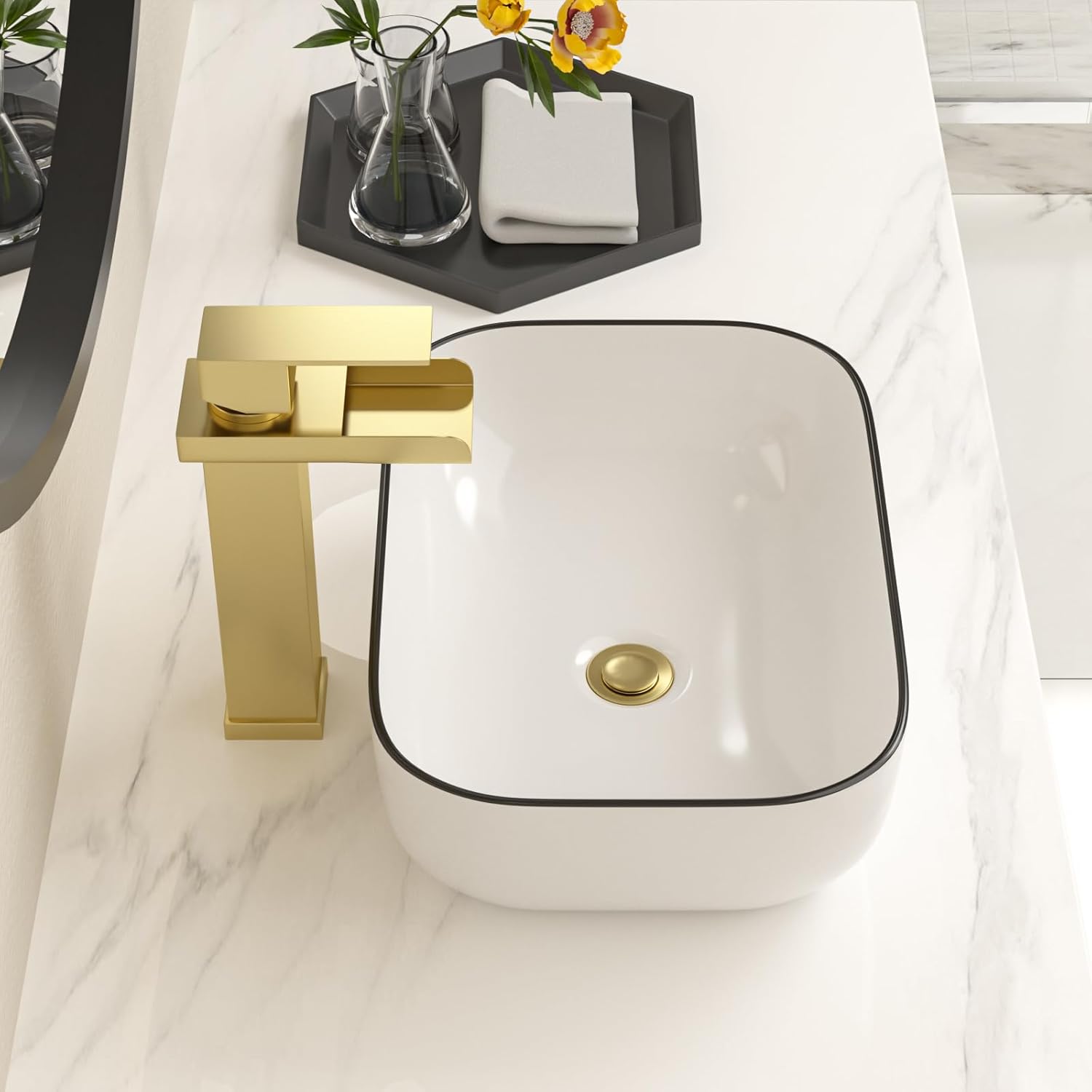 Bowl Sink for Bathroom 15in  x 10in  Rectangle Boat Shape White Vessel Sink with Black Rim Above Counter Porcelain Ceramic Round Oval Modern Artistic Basin Bowl Sink LOF-15105-HB