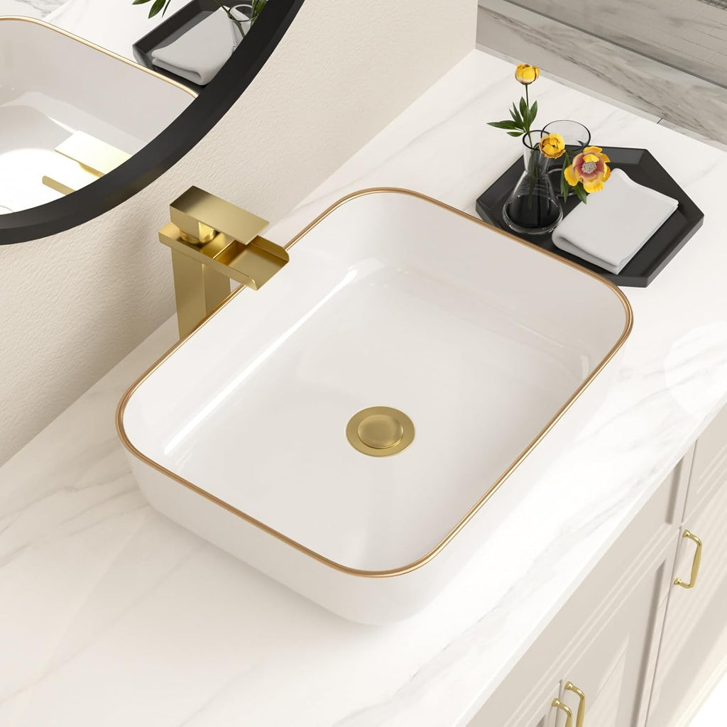 Bathroom Vessel Sink 19in x15in  Rectangule Bowl Sinks for Bathrooms With Gold Rim White Vessel Sink Above Counter Rectangular Ceramic Vessel Bathroom Sink Porcelain Lavatory Vanity Sink Basin