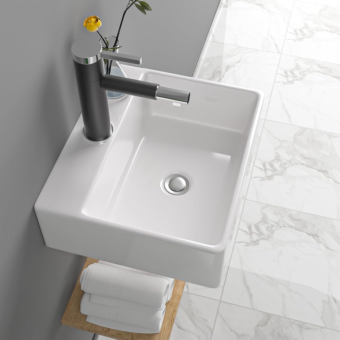 13in x11in  Wall Mounted Vessel Sink Bathroom Wall Hung Sink Rectangular White Porcelain Ceramic Vessel Vanity Sink Art Basin Middle Faucet Hole
