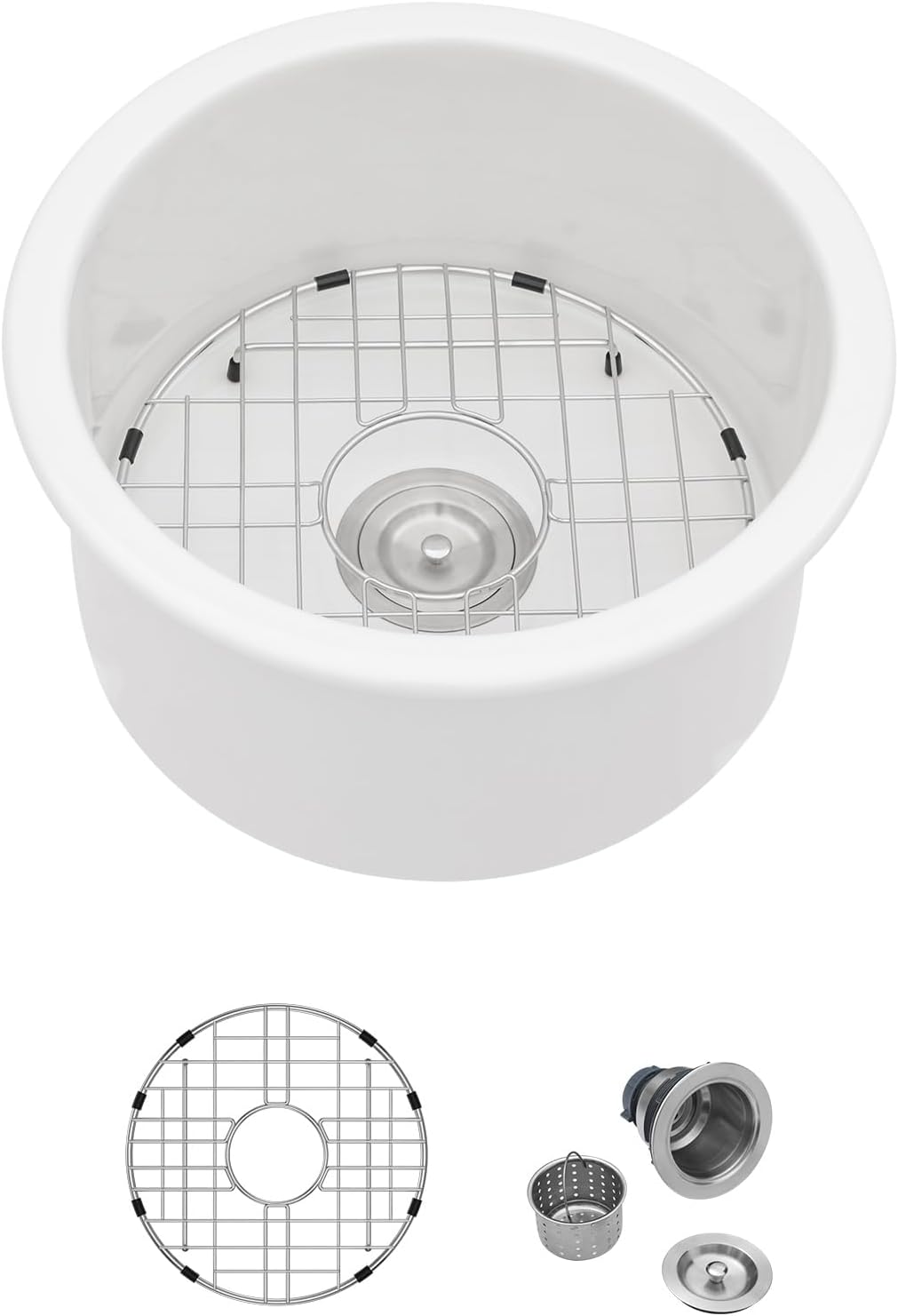 White Undermount Kitchen Sink 18in x18in  Round White Undermount Sink Round Ceramic Fireclay Single Bowl Deep Bar Sink with Sink Grid and Basket Strainer.LOF-LWFS1818