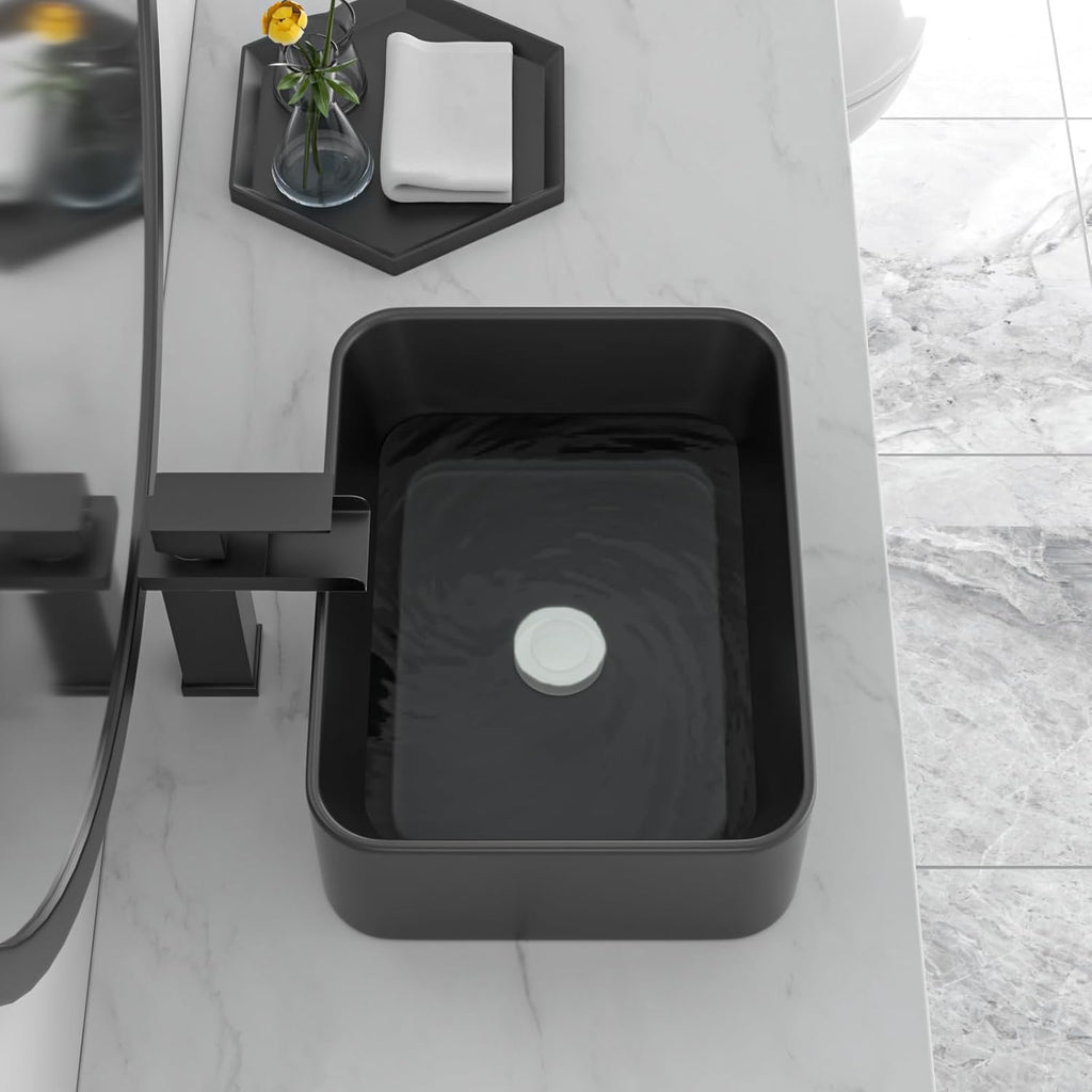 Black Bathroom Sink 16in x12in  Vessel Sink Rectangule Bowl Sinks for Bathrooms Ceramic Above Counter Rectangular Vessel Bathroom Sink Porcelain Modern Large Sink Basin Lavatory Vanity Matte Black