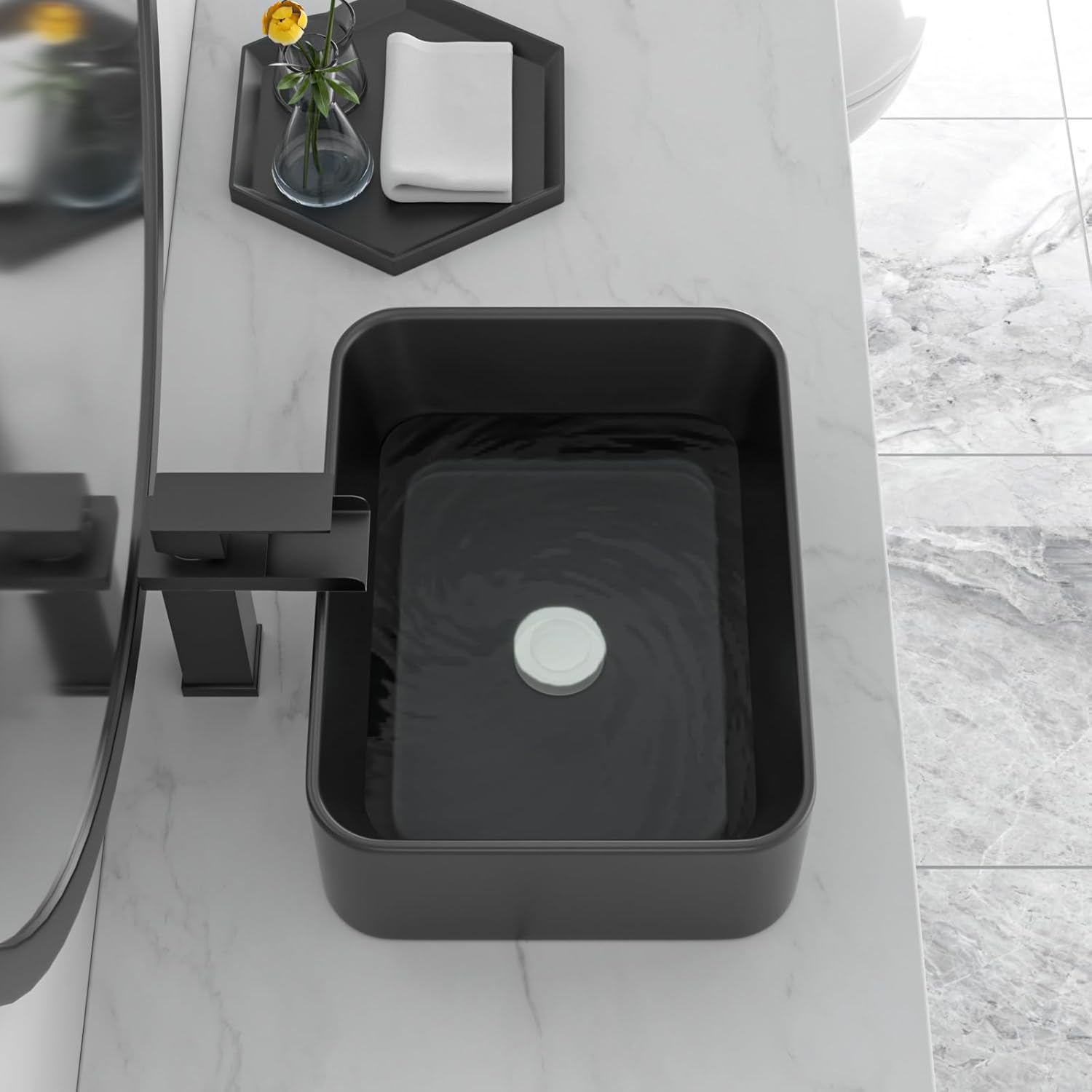 Black Bathroom Sink 16in x12in  Vessel Sink Rectangule Bowl Sinks for Bathrooms Ceramic Above Counter Rectangular Vessel Bathroom Sink Porcelain Modern Large Sink Basin Lavatory Vanity Matte Black