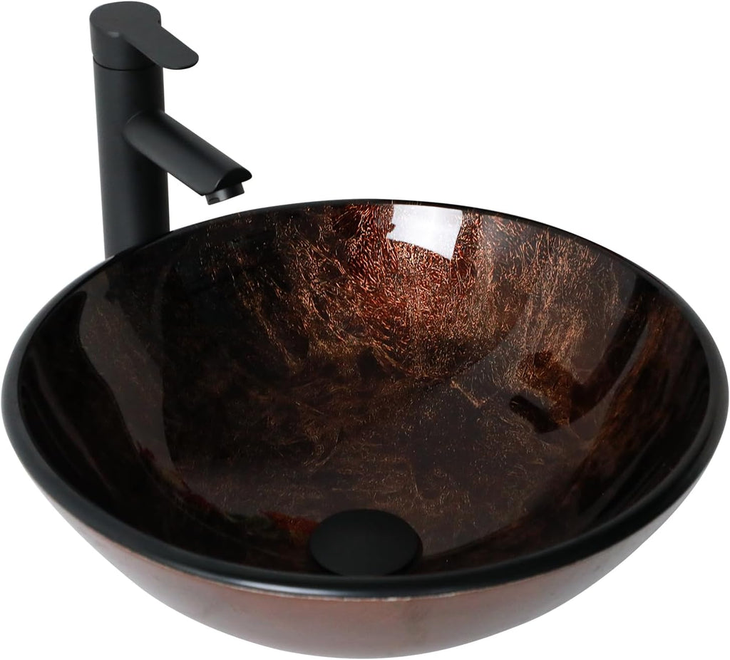 Small Bathroom Sink 17in  Brown Glass Vessel Sink With Faucet And Drain Combo Modern Round Shape Artistic Basin Bathroom Vessel Sink Above Counter Small 5in  Deep Vessel Sink LOF-BL33558