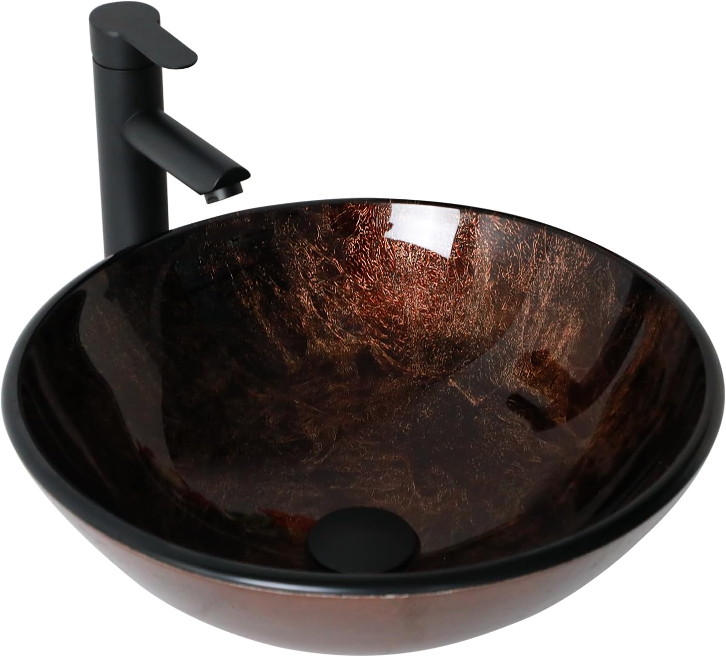 Small Bathroom Sink 17in  Brown Glass Vessel Sink With Faucet And Drain Combo Modern Round Shape Artistic Basin Bathroom Vessel Sink Above Counter Small 5in  Deep Vessel Sink LOF-BL33558