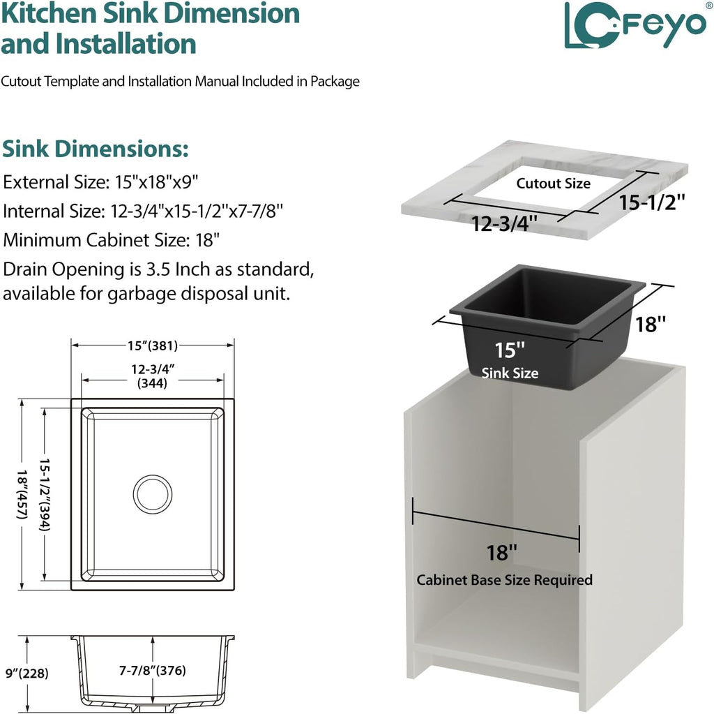 Black Undermount Kitchen Sink 15in x18in  Granite Composite Bar Sink Black Small Granite Sink Undermount Quartz Modern Under Counter Ledge Single Bowl Kitchen Sinks Basin Deep Sink,LOF-Q452Z