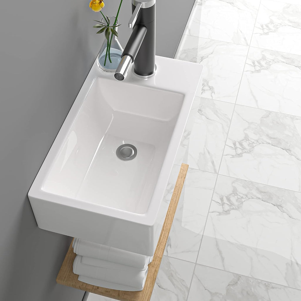 Wall Mount Sink, Lofeyo 18in x10in  Small Bathroom Sink Corner Sink Floating Vessel Sinks Rectangle White Small Vessel Sink For Bathroom Ceramic Porcelain Wall Hung Sink Rectangular Modern Vessel Sink