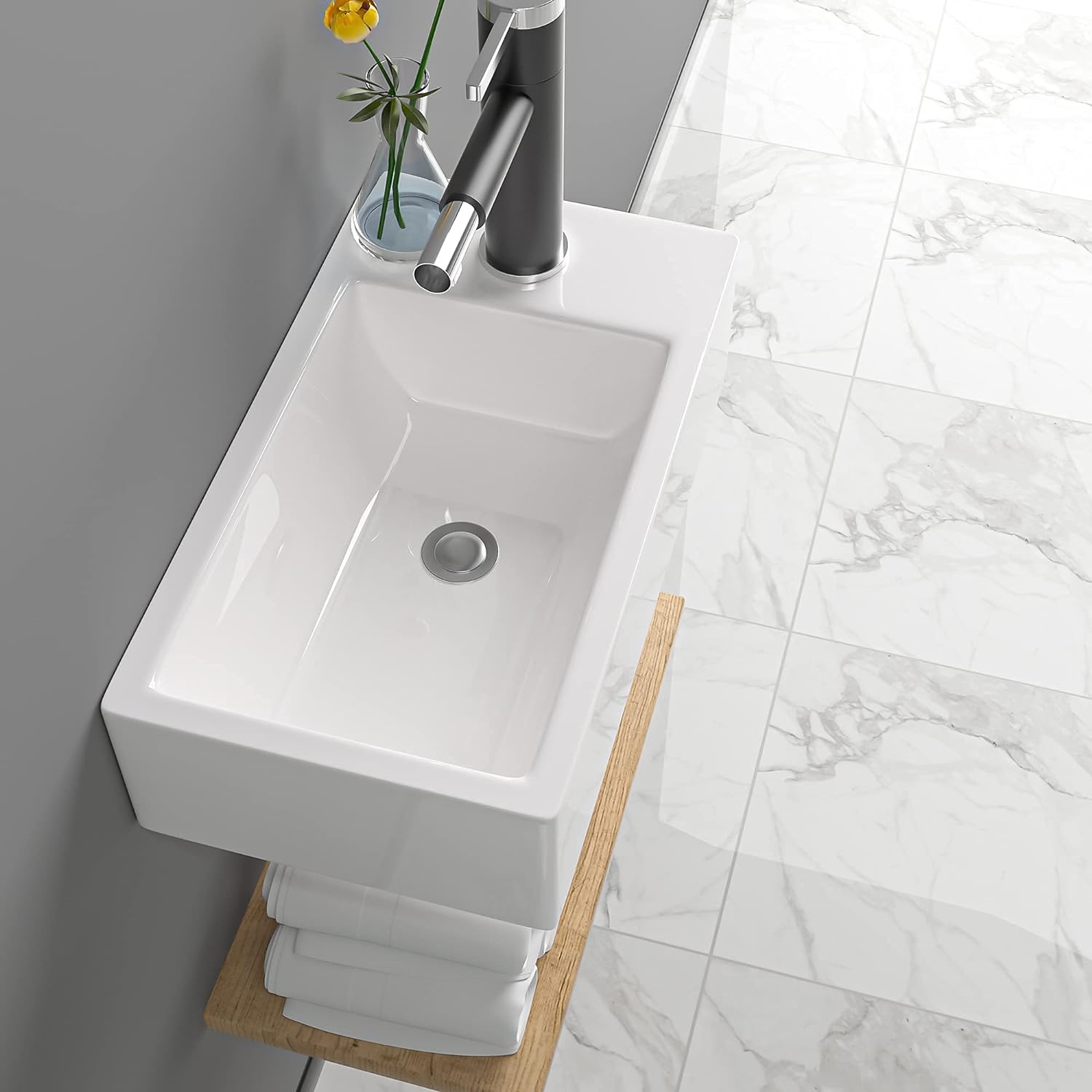 Wall Mount Sink, Lofeyo 18in x10in  Small Bathroom Sink Corner Sink Floating Vessel Sinks Rectangle White Small Vessel Sink For Bathroom Ceramic Porcelain Wall Hung Sink Rectangular Modern Vessel Sink