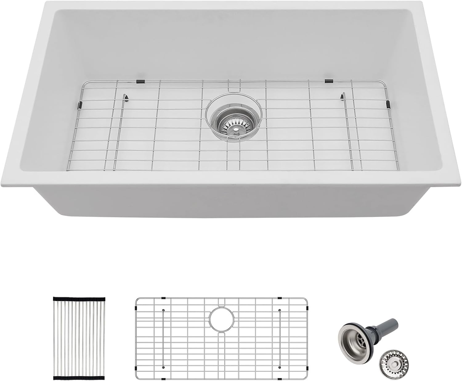 33 Inch White Granite Composite Quartz Undermount Single Bowl Kitchen Sink Under Counter Contemporary Kitchen Deep Sink Basin 33in x19in
