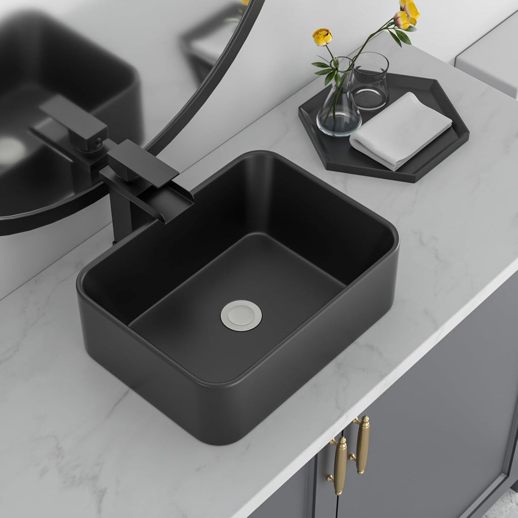 Black Bathroom Sink 16in x12in  Vessel Sink Rectangule Bowl Sinks for Bathrooms Ceramic Above Counter Rectangular Vessel Bathroom Sink Porcelain Modern Large Sink Basin Lavatory Vanity Matte Black