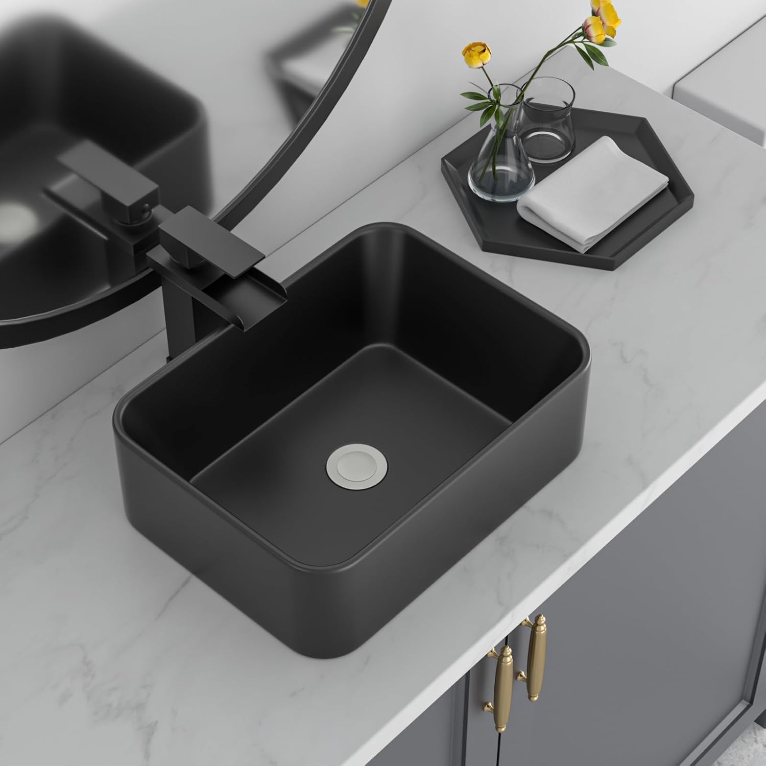 Black Bathroom Sink 16in x12in  Vessel Sink Rectangule Bowl Sinks for Bathrooms Ceramic Above Counter Rectangular Vessel Bathroom Sink Porcelain Modern Large Sink Basin Lavatory Vanity Matte Black
