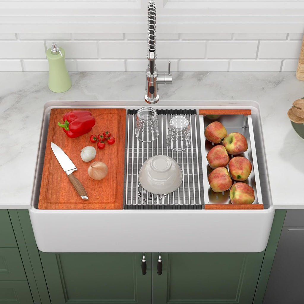 33 inch White Farmhouse Sink Workstation - 33 Farm Sink with Slide Ledge Flat Apron Front White Undermount Fireclay Ceramic Porcelain Farmer Kitchen Sink, Single Bowl Basin