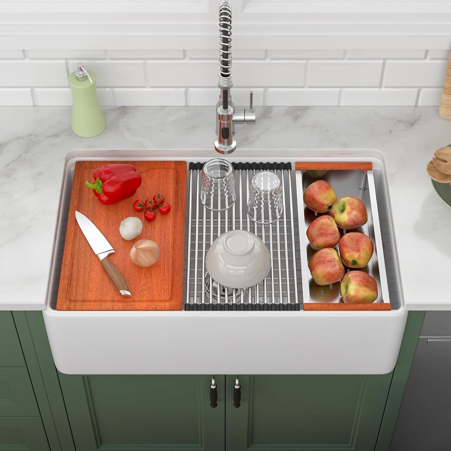33 inch White Farmhouse Sink Workstation - 33 Farm Sink with Slide Ledge Flat Apron Front White Undermount Fireclay Ceramic Porcelain Farmer Kitchen Sink, Single Bowl Basin