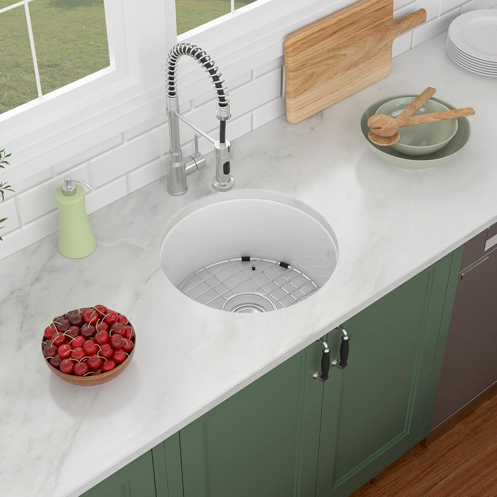 White Undermount Kitchen Sink 18in x18in  Round White Undermount Sink Round Ceramic Fireclay Single Bowl Deep Bar Sink with Sink Grid and Basket Strainer.LOF-LWFS1818
