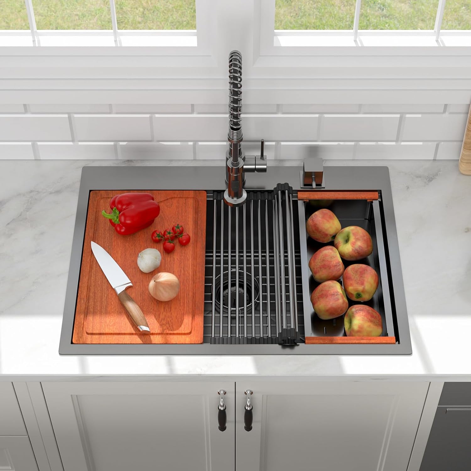 30in x19in  Black Drop In Kitchen Sink Workstation Nano Coating 304 Stainless Steel 16 Guage Handmade Topmount Single Bowl Deep Kitchen Sink Basin,LOF-B9988