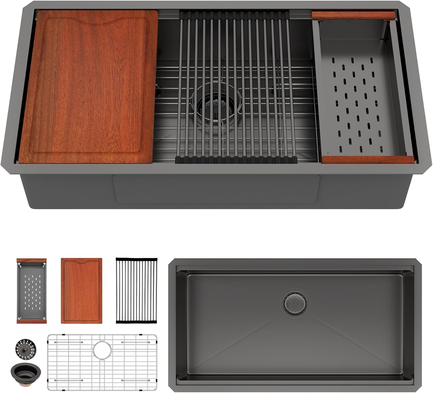 36in x19in  Black Undermount Kitchen Sink Workstation Nano Coating 304 Stainless Steel 16 Guage Handmade Under Counter Single Bowl Deep Kitchen Sink Basin,LOF-B9987