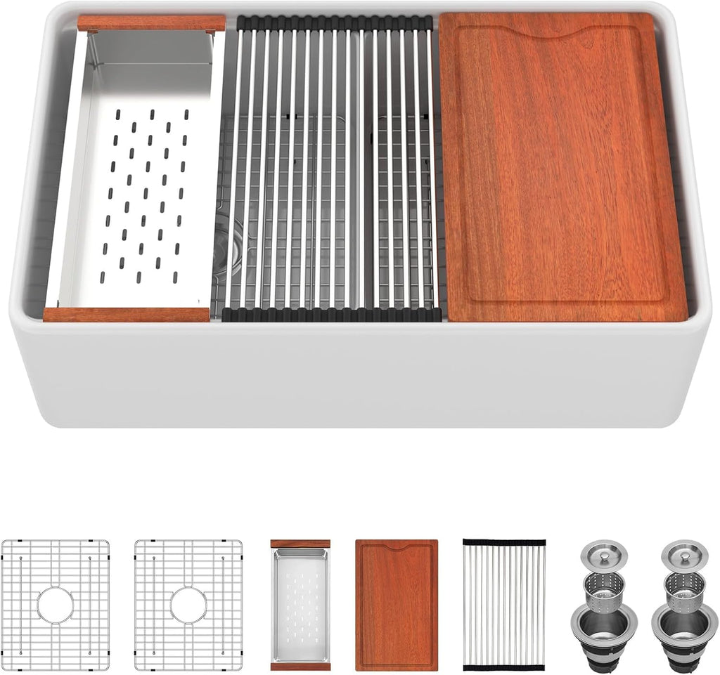 33 Farmhouse Sink Lofeyo 33in x20in x10in  White Double Bowl 50/50 Workstation Farmhouse Kitchen Sink Apron Front White Ceramic Porcelain Fireclay Single Bowl Rectangular Farmer Sink Basin,LOF-LWFST33205X