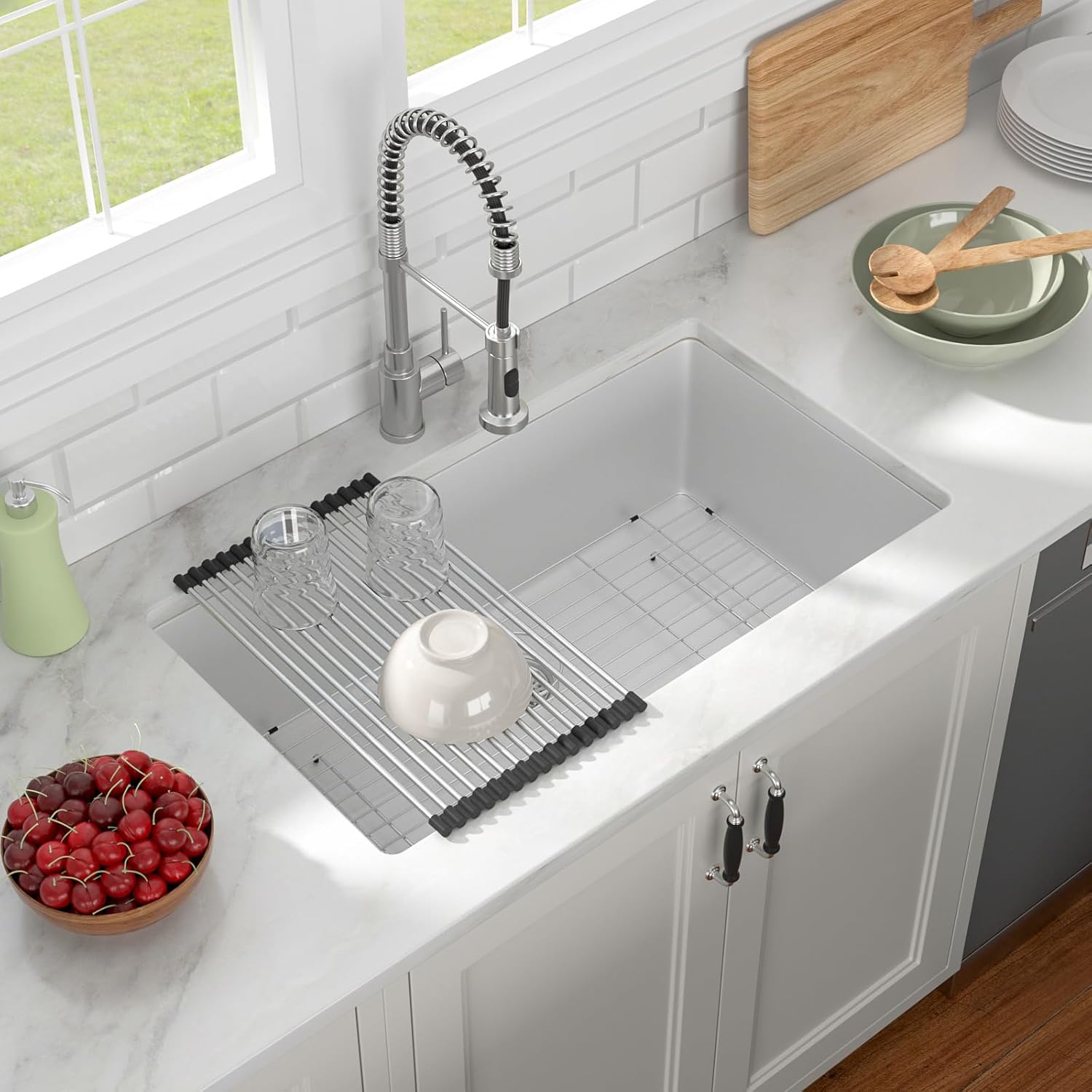 33 Inch White Granite Composite Quartz Undermount Single Bowl Kitchen Sink Under Counter Contemporary Kitchen Deep Sink Basin 33in x19in