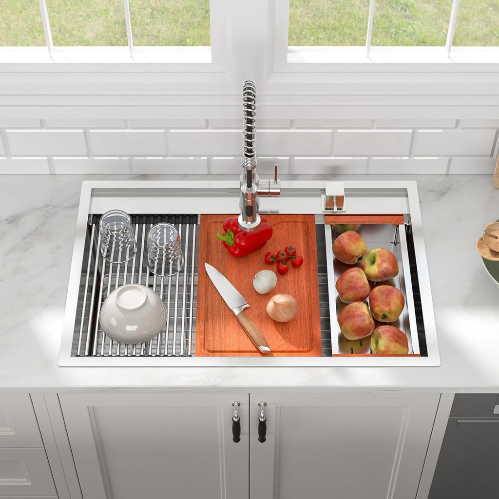 33in x22in  Drop In Kitchen Sink Lofeyo Drop In Workstation Sink 16 Gauge 304 Stainless Steel Handmade Kitchen Sink Top mount Single Bowl with Ledge Kichen Sink Large Deep Modern Kitchen Sink Basin